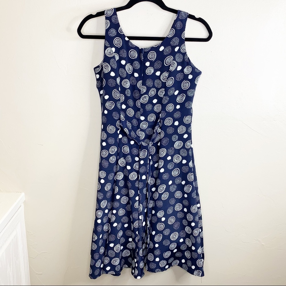 Ah Lan Fashion Navy Swirl Dot Fit Flare Tank Dress